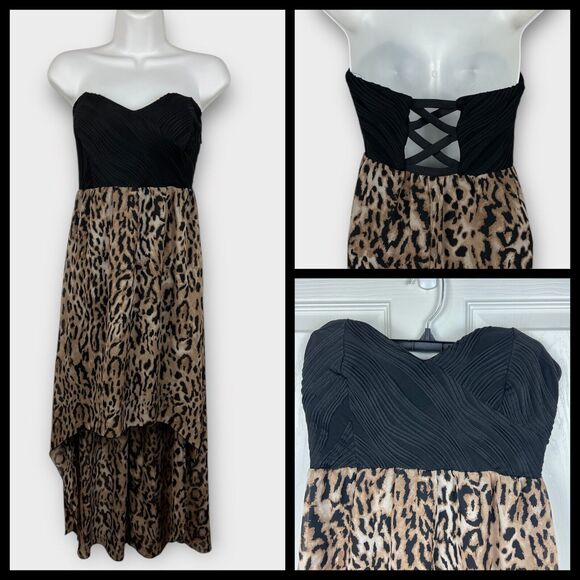 Black Sweetheart Strapless Hi-Lo Chiffon Leopard Midi Dress JR LG Y2K Fairy - Picture 1 of 8